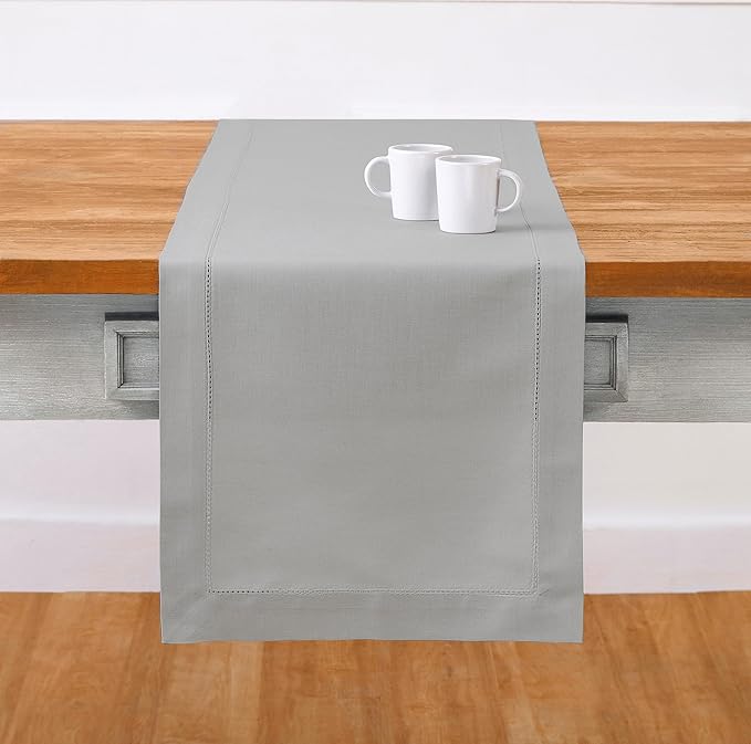 Solino Home Light Grey Table Runner 108 Inches Long - Cotton Linen Hemstitch 14 x 108 Inch Table Runner for Dining, Summer, Fall, Autumn