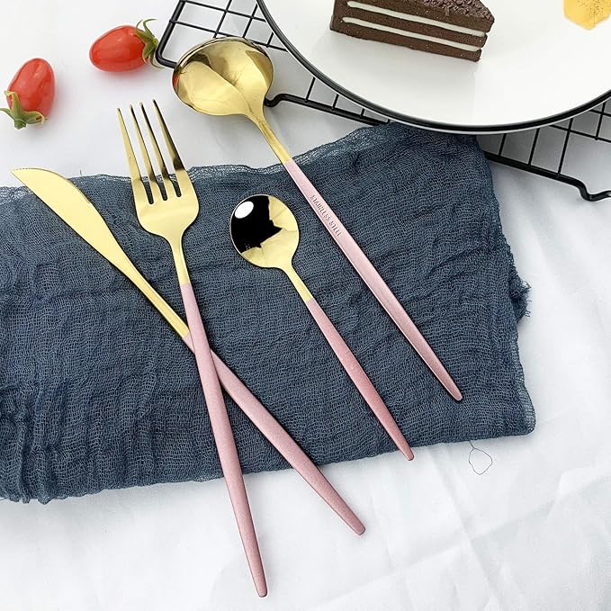 JASHII Flatware Serving Set 24 Piece, Stainless Steel Silverware Set, Pink Gold Cutlery Set, Modern Elegant Tableware Set for Party, Christmas, Dinner (Pink Gold)