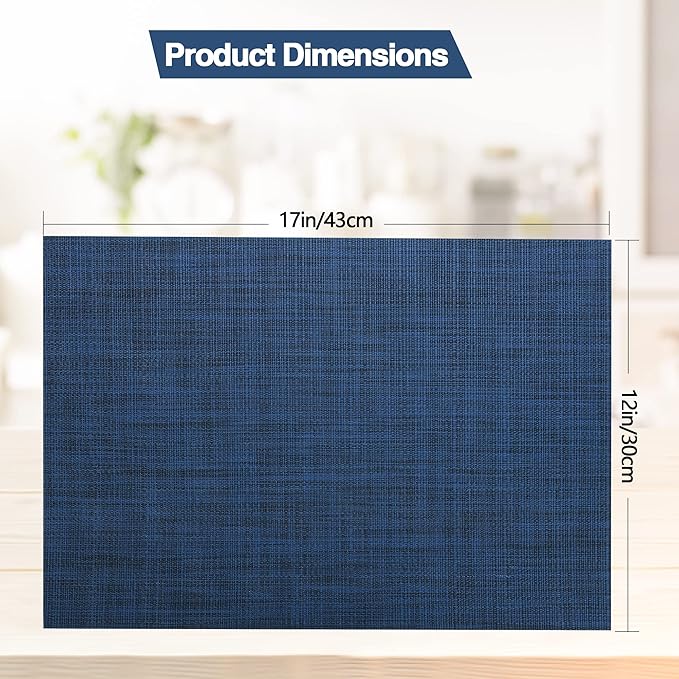 Navy Blue Placemats Set of 8 - Easy Clean Washable Vinyl Placemats - Wipeable Heat Resistant Table Mats for Dining Table - 17x12 Inch (Navy Blue, 8)