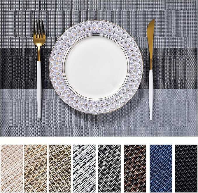 LEXMORE PlaceMats Set of 12 Vinyl/Plastic Woven Place Mats for Kitchen Table Indoor/Outdoor Washable PlaceMat Wipeable Dining Table Mats(Silver Gray Black)
