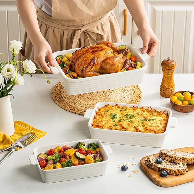 Jassceram Casserole Dishes for Oven, 3-Piece Ceramic Baking Dish Set, Rectangular Lasagna Pan Deep with Handles, Nesting Bakeware for Baking & Roasting, Oven Safe (9.6 to 13.1 Inch), White - Christmas Gift