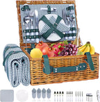 Picnic Basket Set for 4 with Waterproof Blanket Mat Insulation Bag Wicker Green Plaid Classic Vintage Fresh Cottagecore Gift for Wedding Birthday Summer Outdoor Camping Beach Travel Christmas