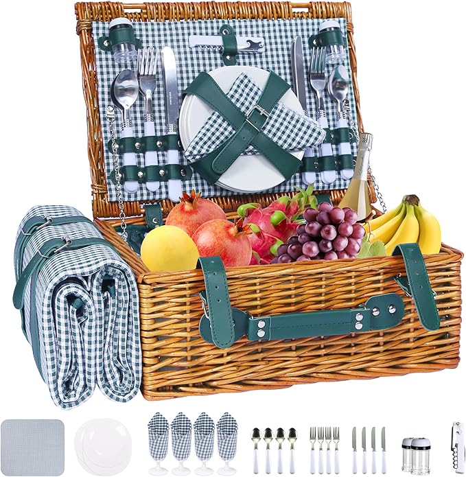 Picnic Basket Set for 4 with Waterproof Blanket Mat Insulation Bag Wicker Green Plaid Classic Vintage Fresh Cottagecore Gift for Wedding Birthday Summer Outdoor Camping Beach Travel Christmas