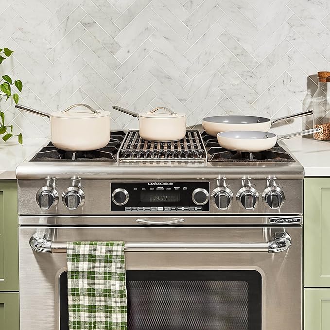 Caraway Mini Cookware Set - Non-Stick Ceramic Fry Pan (1.05 qt, 8") Sauce Pan (1.75 qt) & Storage Rack - Non Toxic, PTFE & PFOA Free - Oven Safe & Stovetop Agnostic (Gas, Electric & Induction) - Cream