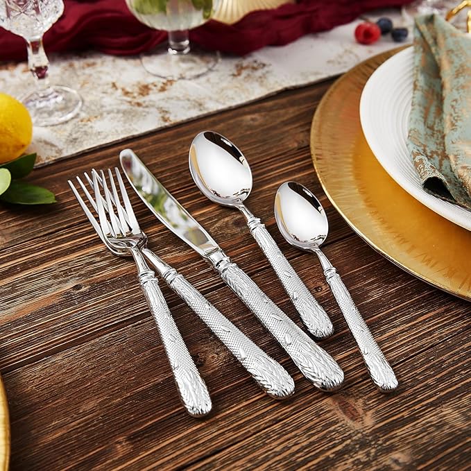 KEAWELL Premium Versailles Silverware Set, 45-Piece flatware set for 8, 18/10 Stainless Steel, Heavy-Duty, Mirror Polished, Royal Engraved Handle, For Formal Dining, Dishwasher Safe (45, Silver)