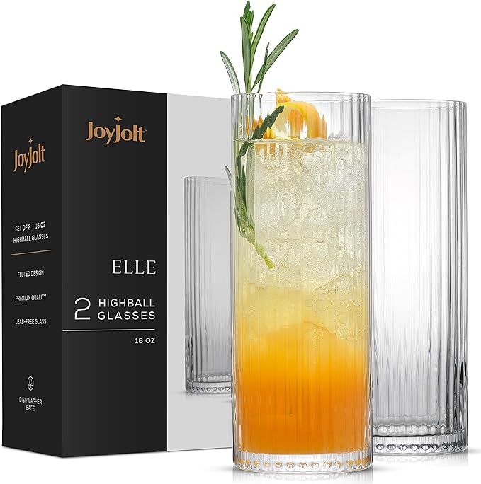 JoyJolt Elle 16oz Fluted Highball Glasses Set of 2, Ribbed Tall Cocktail Tumblers for Gin Juice Water, Vintage Style Drinking Glasses