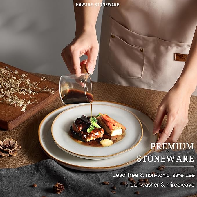 HaWare Stoneware Dinner Plates Set of 6, 10" Heavy Duty Ceramic Plates, Reactive Glaze Dinnerware for Home Restaurant, Chip and Scratch Resistant, Microwave and Dishwasher Safe, Reactive Pearl White