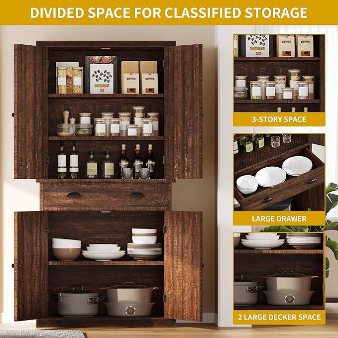 DWVO 72'' Farmhouse Kitchen Pantry, Rustic Wood Kitchen Storage Cabinets with Adjustable Shelves & Drawer, Tall Freestanding Cupboard for Dining Room, Living Room, Drak Brown