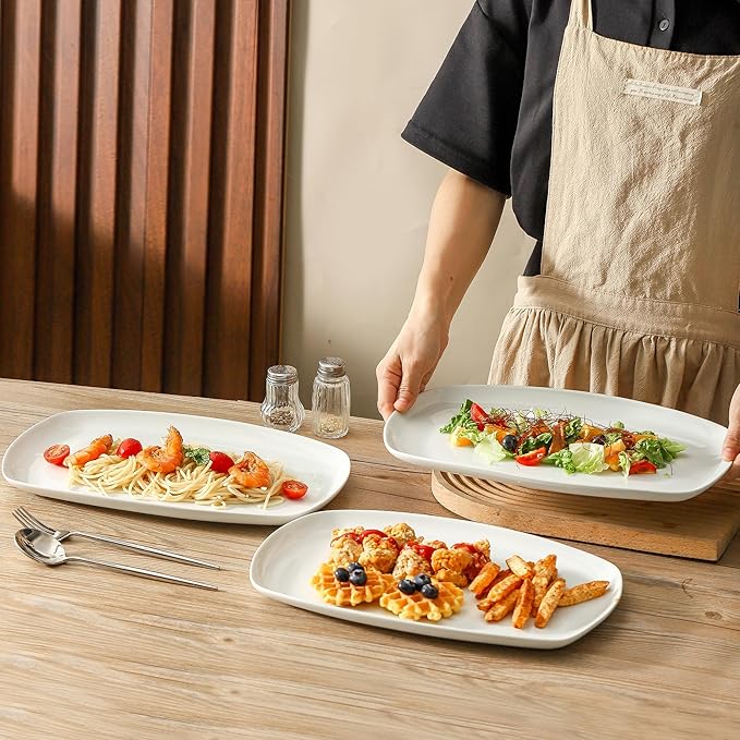 fMBB 3pcs Ceramic White Serving Platters, Large Rectangular Plate, Irregular Rectangular Trays - Party, Wedding, Entertaining, Microwave and Dishwasher Safe - 14 Inch