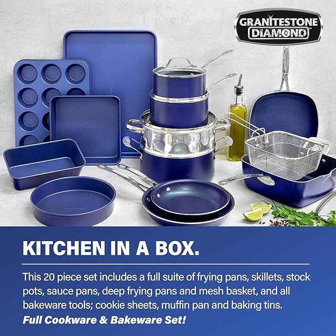 Granitestone Ceraluxe 20Pcs Ceramic Cookware Set Nonstick, Complete Pots and Pans Set Non Stick with 5 Pc Bakeware Set, Deep Frying Pan Set, & Steamer, Non Toxic PFOA Free, Oven & Dishwasher Safe