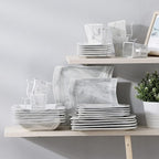 MALACASA Plates and Bowls Sets, 30 Piece Porcelain Dinnerware Sets for 6, Square Dinnerware Set with Dinner Plate, Dessert Plate, Soup Plate, Cup and Saucer, Modern Dish Set, Marble Grey, Series Flora