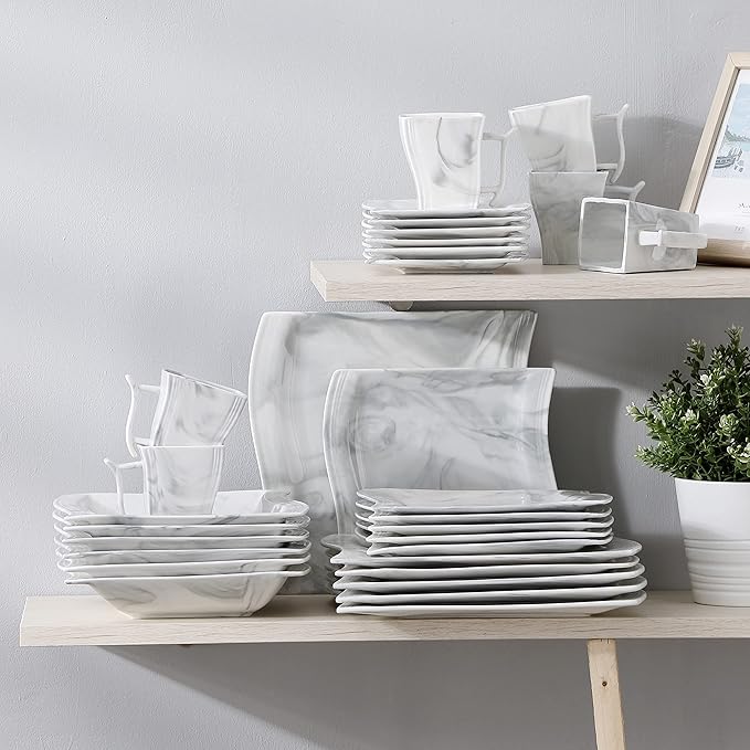MALACASA Plates and Bowls Sets, 30 Piece Porcelain Dinnerware Sets for 6, Square Dinnerware Set with Dinner Plate, Dessert Plate, Soup Plate, Cup and Saucer, Modern Dish Set, Marble Grey, Series Flora