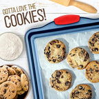 NutriChef Nonstick 3-Piece Baking Pans Set – Carbon Steel Bakeware with Blue Coating Inside & Outside and Red Silicone Handles, Durable and Reliable, Effortless Baking and Easy Cleanup (Blue)