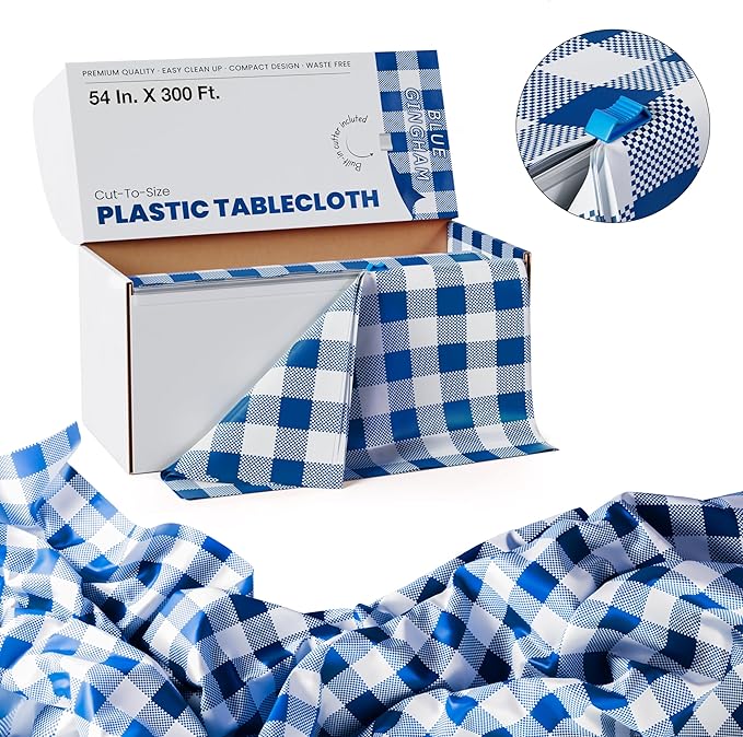 Exquisite Party Solids 54 Inch X 300 Feet Blue Gingham Plastic Table Cover Roll in A Cut - to - Size Box with Convenient Slide Cutter. Cuts Up to 36 Rectangle 8 Feet Plastic Disposable Tablecloths