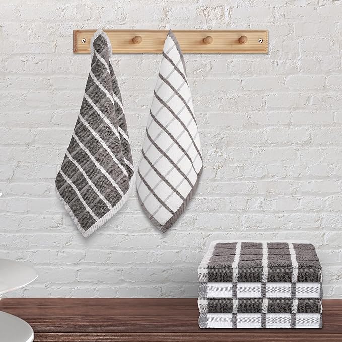 Urban Villa Dish Cloths Terry Cotton Pack of 6, Highly Absorbent Quick Drying Super Soft Premium Dish Towels for Kitchen with Hanging Loop Hand & Tea Towels - 12x12 Inch, (Grey & White, Checks)