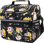 OPUX Lunch Box For Women, Insulated Large Lunch Bag Adult Work, Double Decker Lunchbox Meal Prep, Dual Compartment Leakproof Lunch Cooler, Soft Lunch Pail Tote for Girls Kids School, Floral Black 12L