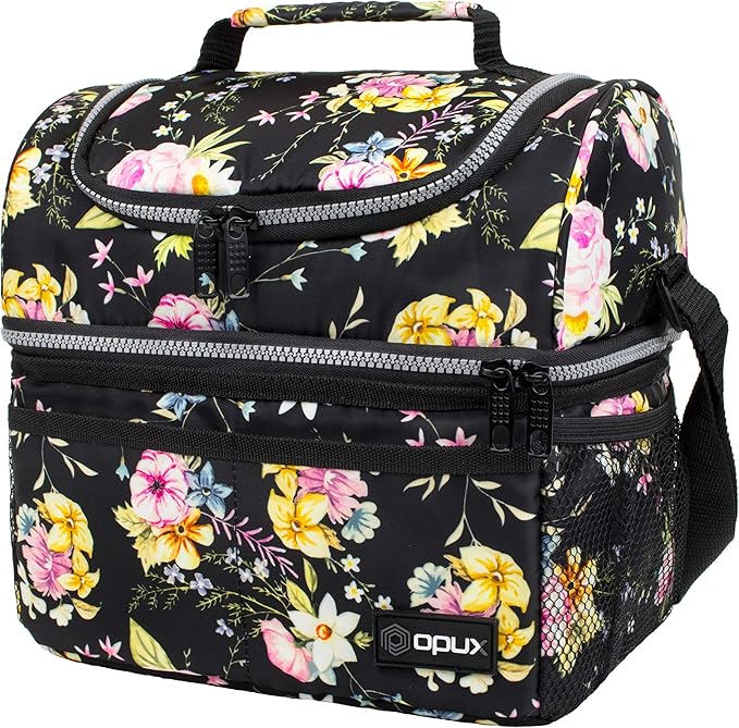 OPUX Lunch Box For Women, Insulated Large Lunch Bag Adult Work, Double Decker Lunchbox Meal Prep, Dual Compartment Leakproof Lunch Cooler, Soft Lunch Pail Tote for Girls Kids School, Floral Black 12L