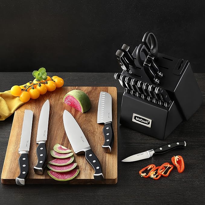 McCook® Black Knife Sets, German Stainless Steel Forged Kitchen Knives Block Set with Built-in Knife Sharpener
