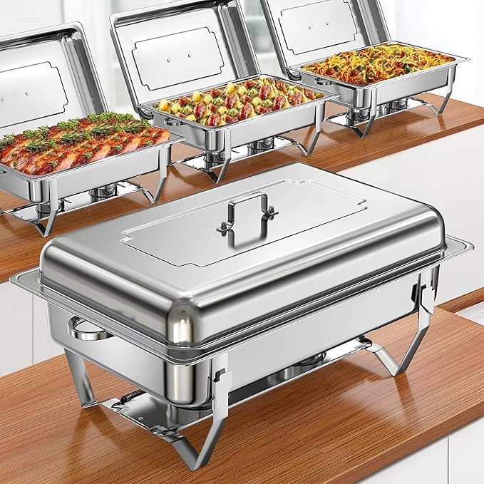 Chafing Dishes for Buffet 9QT 4 Pack, Easy Assembly, Food-Grade Stainless Steel Chafers for Catering w/Rolled Rim, Foldable Frame, for Party, Banquet (Full Size Food Pan)