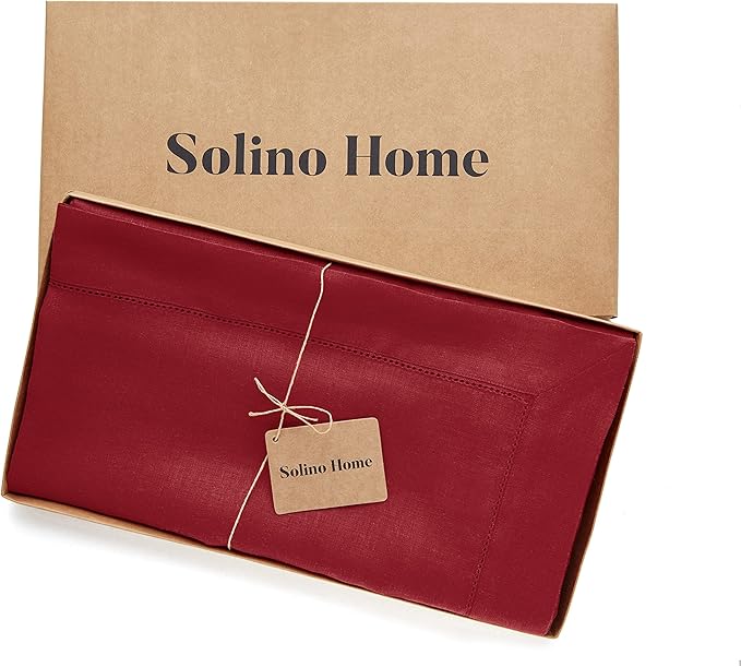 Solino Home Linen Tablecloth 60 x 120 Inch - Classic Hemstitch 100% Pure Linen Red Table Cloth for Rectangle Tables - Machine Washable Tablecloth for Summer