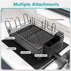 Black Stainless Steel Dish Drainers Drying Rack for Kitchen Counter with Drainboard Set, Rust Proof Metal, Space Saving, Modern Aesthetic, Compact Plates Strainers with Extra Mat