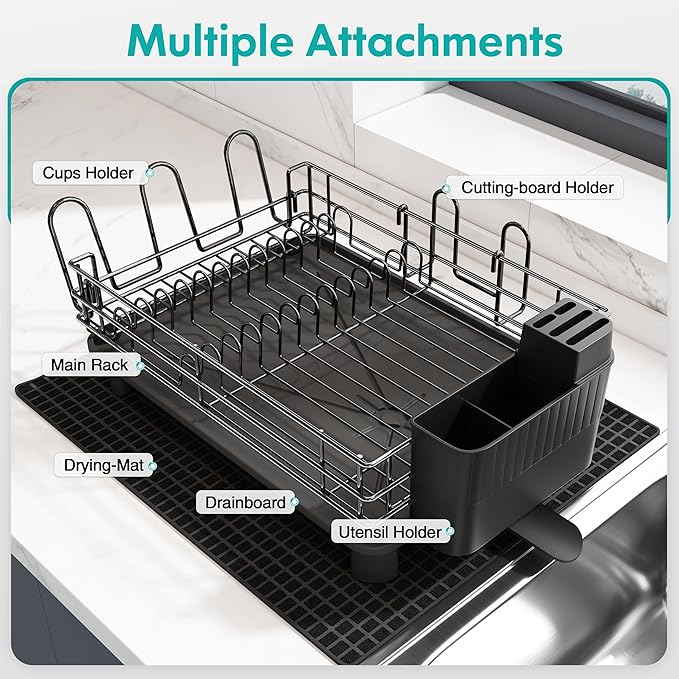 Black Stainless Steel Dish Drainers Drying Rack for Kitchen Counter with Drainboard Set, Rust Proof Metal, Space Saving, Modern Aesthetic, Compact Plates Strainers with Extra Mat