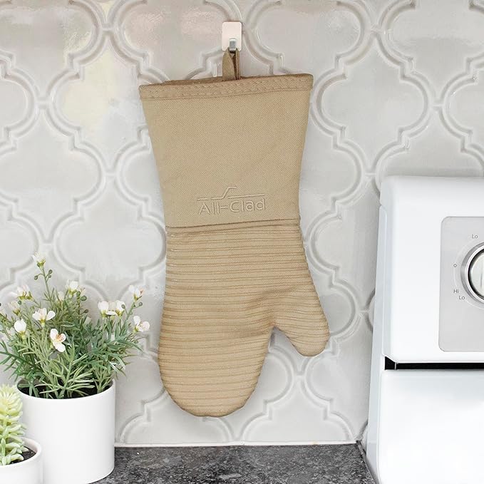 All-Clad Silicone Oven Mitts: Heat Resistant up to 500 Degrees - 100% Cotton & Silicone, 14"x7" Oven Mitt for Kitchen and Barbeque, 2-Pack, Cappuccino