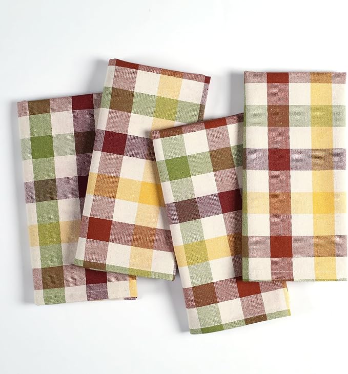Native Fab Harvest Fall Gingham Check Kitchen Towels 4 Pack 18x26 Inches - 100% Cotton, Soft, Absorbent Dish Towels for Drying & Cleaning, Holiday Dishcloths - Burgundy, Green, Yellow