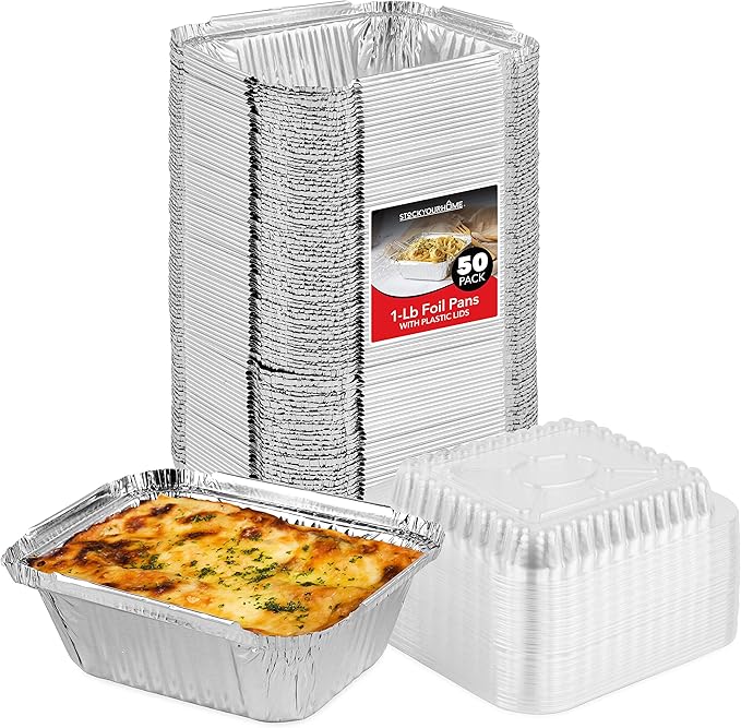 Stock Your Home 1 Lb Small Aluminum Pans with Lids (50 Pack) Foil Pans + Clear Plastic Lids, Disposable Cookware, Takeout Trays with Lids - To Go Disposable Food Containers for Restaurants & Catering
