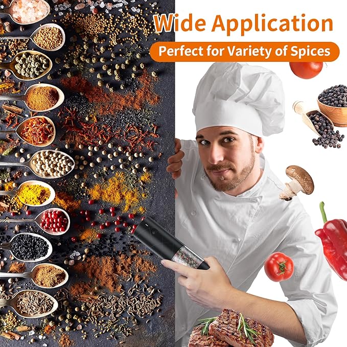 2Pack Electric Salt and Pepper Grinder Set USB Rechargeable with Warm LED Light, Adjustable Coarseness Lidaop Large Capacity Automatic Salt Pepper Mill Grinder for Kitchen, Restaurant, Outdoor, Black