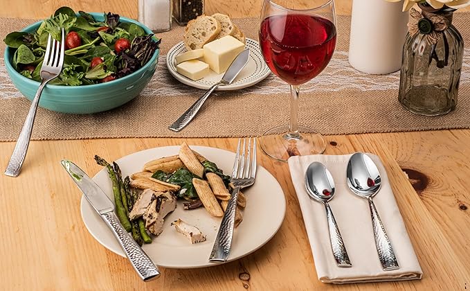 Hudson Essentials 48-Piece Hammered 18/10 Stainless Steel Silverware Cutlery Set with Serving Set, Flatware Service for 8