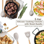 E-far Silicone Cooking Utensils Set, 5-Piece Kitchen Utensils Set with Wooden Handle for Cooking, Silicone Kitchen Nonstick Tools Spatula Turner Slotted Spoons, Nontoxic & Heat Resistant-Khaki