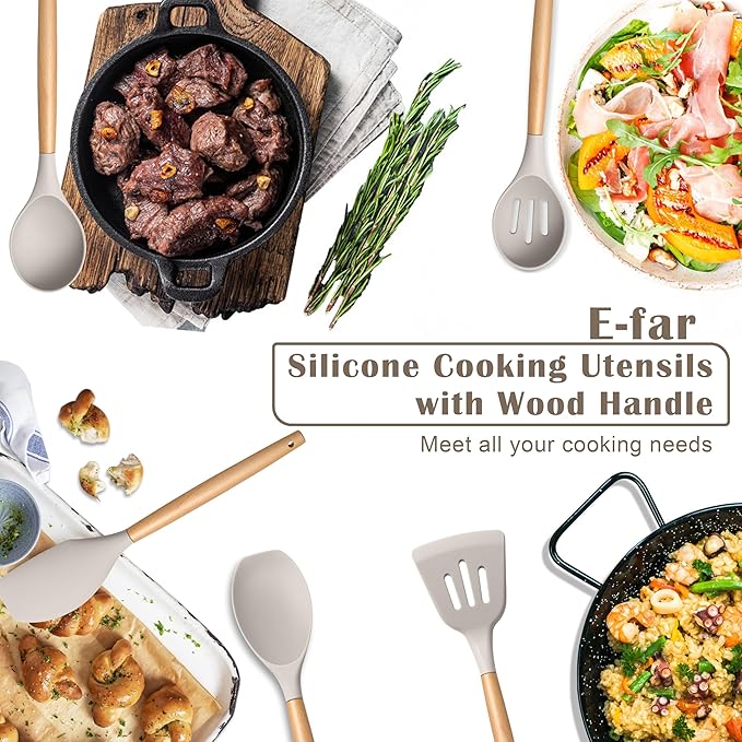 E-far Silicone Cooking Utensils Set, 5-Piece Kitchen Utensils Set with Wooden Handle for Cooking, Silicone Kitchen Nonstick Tools Spatula Turner Slotted Spoons, Nontoxic & Heat Resistant-Khaki