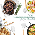 E-far White Cooking Utensils Set with Holder, 25-Piece Silicone Kitchen Utensil Set with Wooden Handle for Nonstick Cookware, 446°F Heat Resistant Kitchen Tool Spatula Tongs Whisk, Non-toxic & Healthy