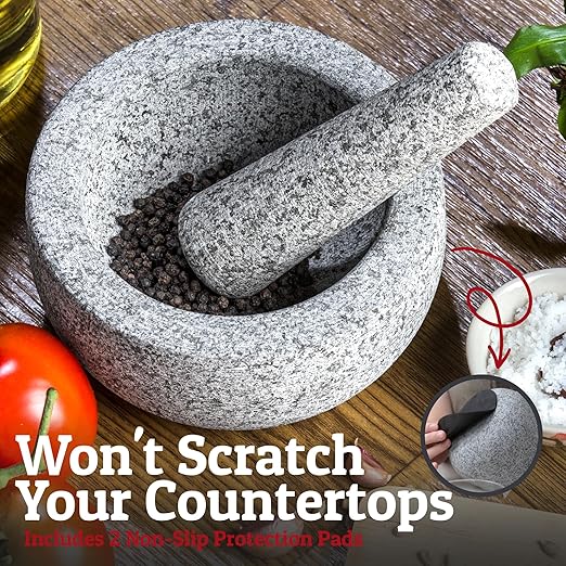 Priority Chef Heavy Duty Large Mortar and Pestle Set, Hand Carved from Natural Granite, Make Fresh Guacamole, Pesto, Stone Grinder Bowl, Herb Crusher, Spice Grinder, 6.3 Inches Wide, 2 Cup - Grey