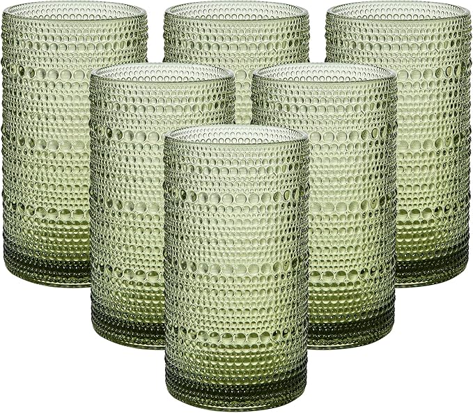 Vintage Glassware Drinking Glasses Set of 6,16oz Hobnail Glass Cups,Embossed Green Water Tumbler,for Cocktail, Juice, Whiskey, Milk and Various Mixed Drinks