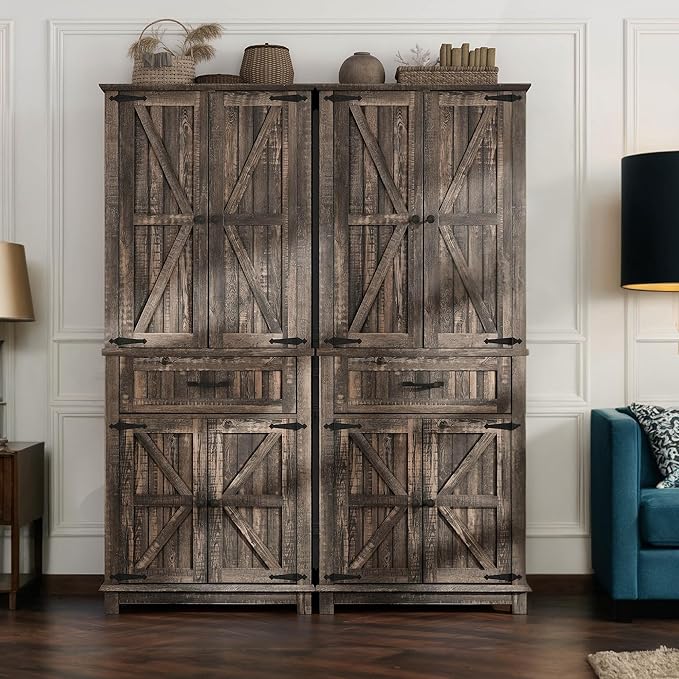 YITAHOME 72.6" H Farmhouse Kitchen Pantry Cabinet, Freestanding Tall Storage Cabinet with 4 Doors, Drawer and Adjustable Shelves, Tall Cupboard for Dining Room, Living Room, Dark Rustic Oak