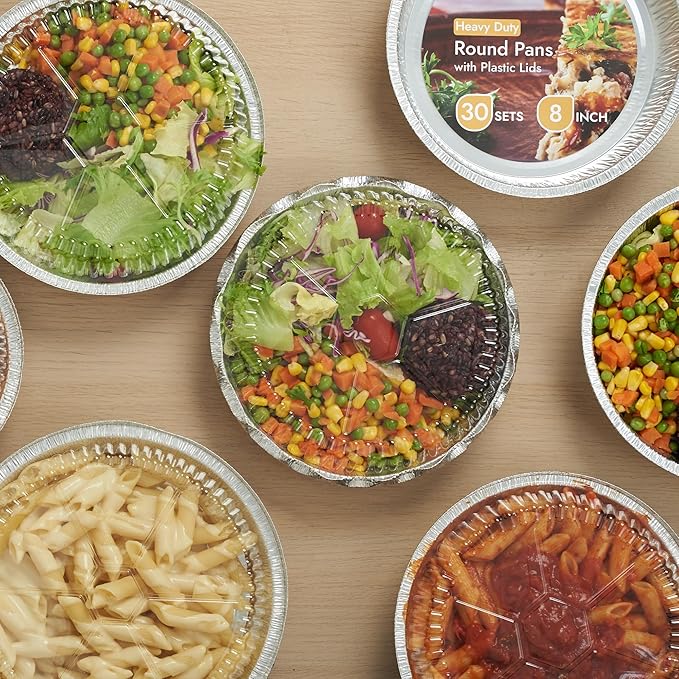 CURTA 8" Round Aluminum Foil Pans with Clear Lids | Heavy Duty | Great for Broiling, Baking, Storage, Roasting, Takeout, Air Fryer | 30 Pack