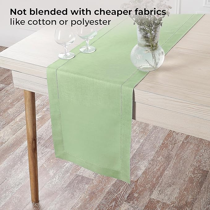 D'Moksha Homes Linen Sage Green Table Runner 144 Inches Long - 100% Pure Linen Extra Long Table Runner 14 x 144 Inch for Summer, Fall and Halloween - Classic Hemstitch