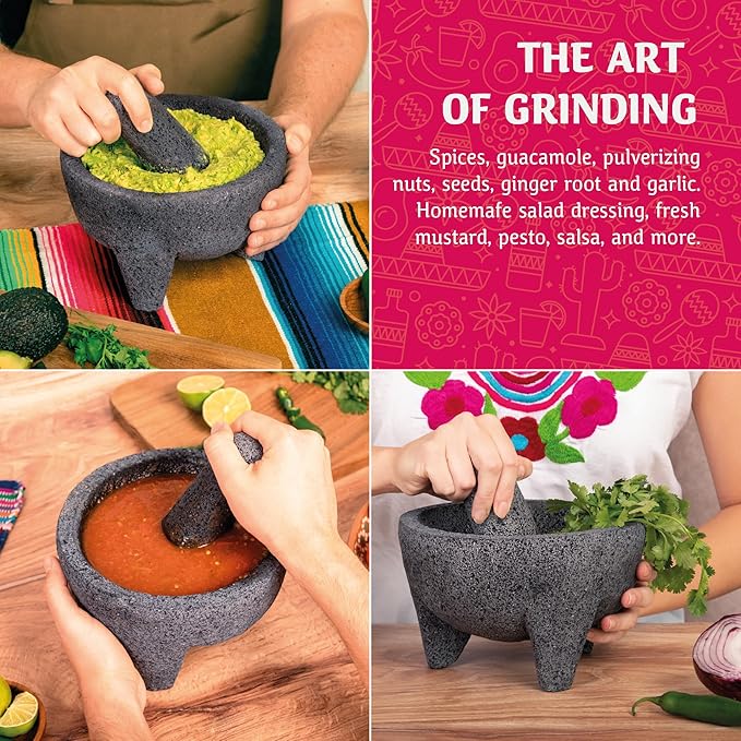 Elly Mexican Molcajete 8in, Handmade with Natural Volcanic Stone, Mortar and Pestle Set for Guacamole, Spices, Salsa, Pesto & More, Authentic Lava Rock, Includes Free Tortilla Warmer