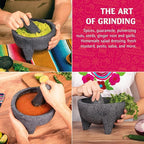 Elly Mexican Molcajete 8in, Handmade with Natural Volcanic Stone, Mortar and Pestle Set for Guacamole, Spices, Salsa, Pesto & More, Authentic Lava Rock, Includes Free Tortilla Warmer