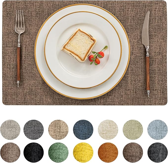Romanstile Vinyl Placemats Set of 4-12 X 18 Inch - Heat Resistant Place Mats 100% Waterproof Oilproof Wipeable Reversible Faux Leather Table Mats for Kitchen/Dining/Party/Outdoor, Brown