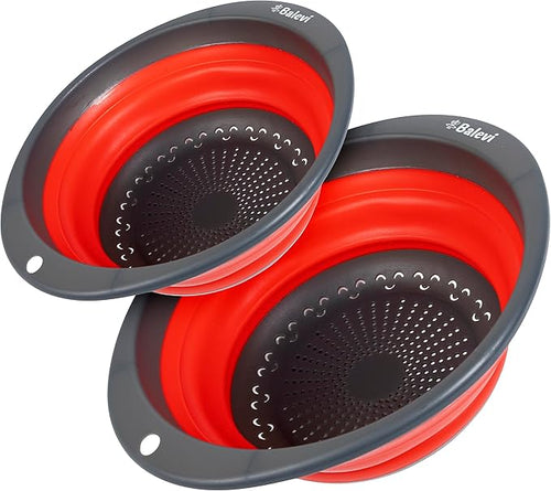 "Balevi Collapsible Strainers for Kitchen - Collapsible Colander Set of 2 Made of Silicone - Collapsible Strainer with Little Pegs to Keep Food Elevated - Red "