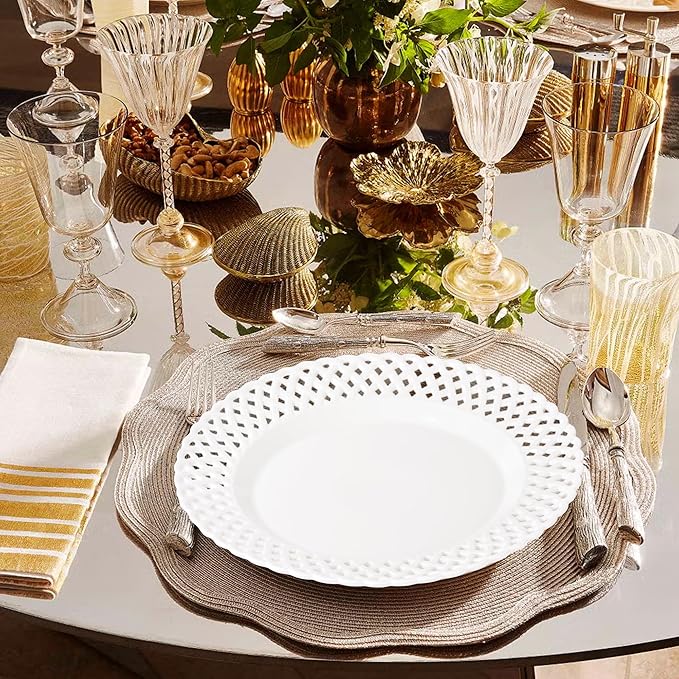 Large White Dinner Plates 12 inch, Ceramic Dinner Plates Set of 4, Basketweave Wide Rim Stackable Hotel Value Round Coupe Shape for Restaurant, Kitchen, Party, Home, Gifts, Microwave Dishwasher Safe