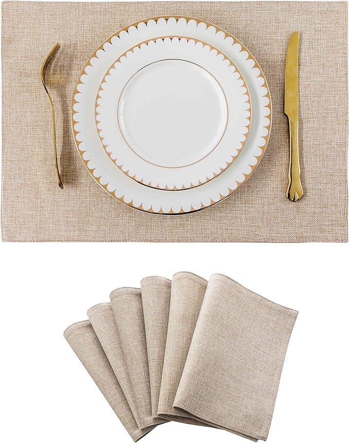 Home Brilliant Burlap Linen Placemats Set of 6 Plate Mats Heat Resistant Dining Table Cloth Placemats Washable Kitchen Table Mats for Holiday Dinner, 13x19 inch, Light Linen
