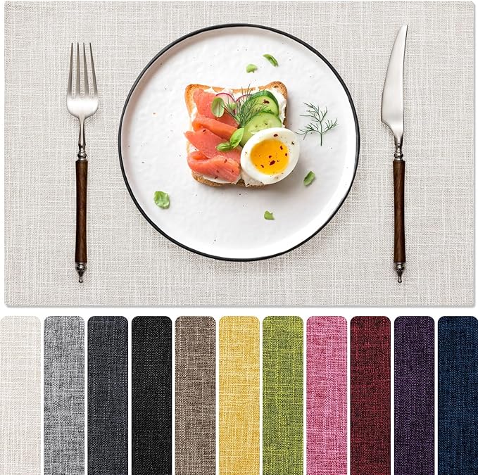 Blue Forest Placemats Set of 6, Dual-Layered Thickened Faux Linen Cloth Place Mats Heat Resistant Machine Washable Wrinkle Free Table Mats Indoor/Outdoor (Cream Beige)