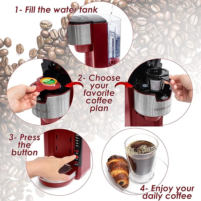 Mixpresso Red Single Serve Coffee Brewer K-Cup Pods Compatible & Ground, 30 oz Compact Coffee Maker Single Serve With 5 Brew Sizes Up To 14 Oz, Fits Travel Mug, Adjustable Drip Tray
