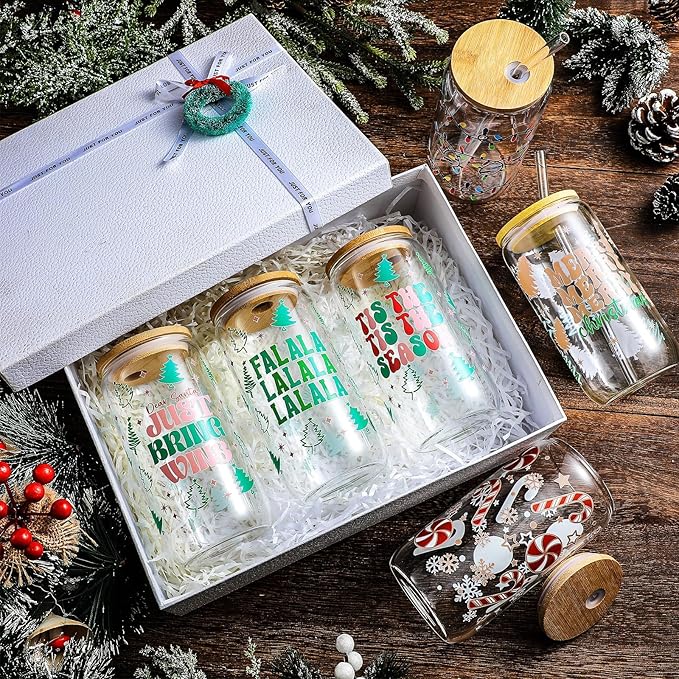 6 Pcs Christmas Glasses 16 oz Xmas Glass Cups with Lid and Straw Can Shaped Beer Tumbler Christmas Appreciation Gifts for Women Teenager Birthday Party Favor