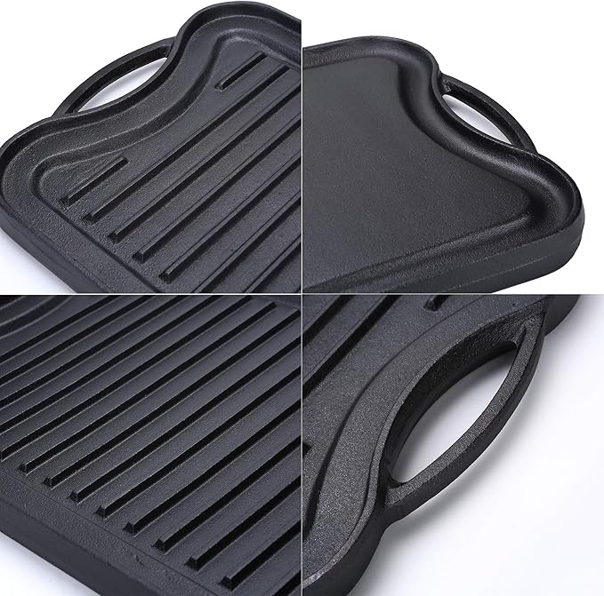 Cast Iron Griddle (20" by 10"), Reversible, Pre-Seasoned, Grill and Griddle Combo Pan, BBQ, Campfire, fits over two stovetop burners