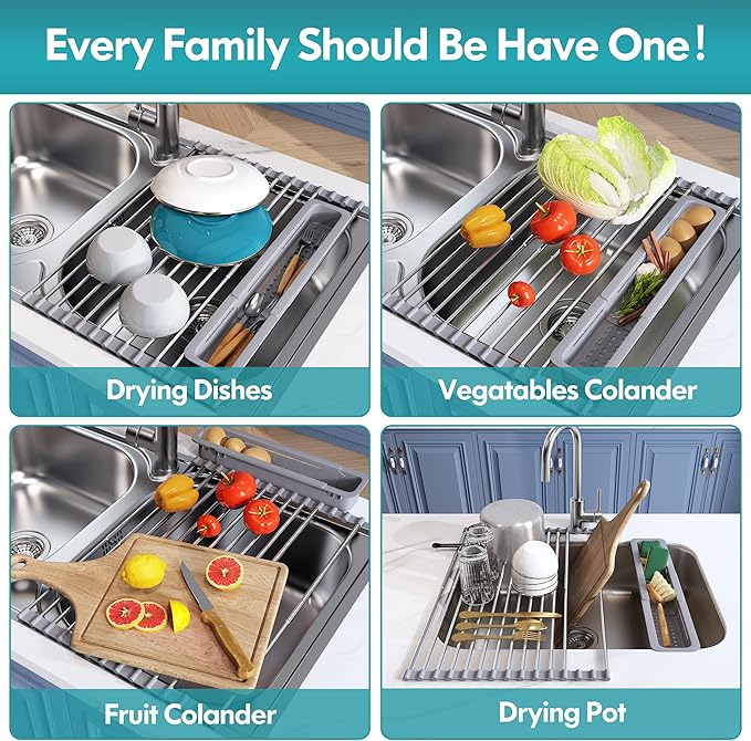 Roll Up Dish Drying Rack, Expandable (12.8"-23.8" D x 12.8" W) Stainless Steel Portable Drainer for Kitchen Sink Counter, Foldable Over The Sink Cover with Removable Utensil Holder